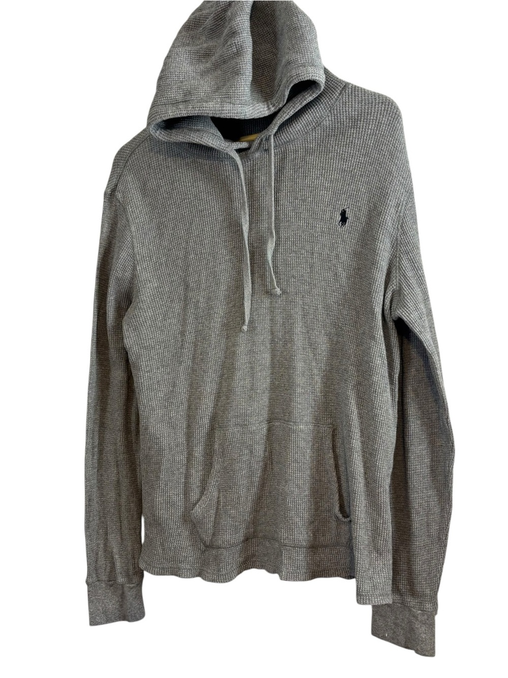 Polo Ralph Lauren Waffle Knit Hoodie Thermal Pullover Mens Gray Pony Logo Size L